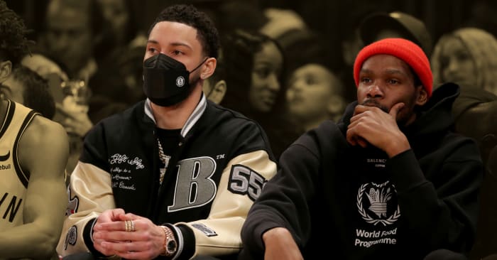 Ben Simmons and Kevin Durant on the Nets bench