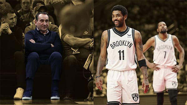 Former Duke coach Mike Krzyzewski, Brooklyn Nets guard Kyrie Irving and forward Kevin Durant