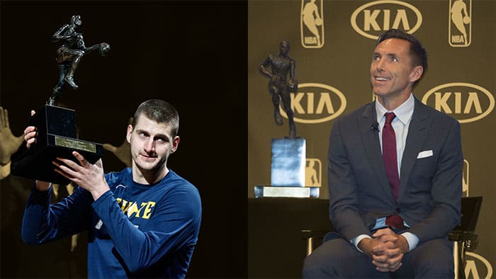 Denver Nuggets center Nikola Jokic and Steve Nash winning NBA MVP awards