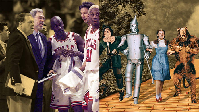 Chicago Bulls head coach Phil Jackson, guard Michael Jordan, forward Toni Kukoc, and center Dennis Rodman