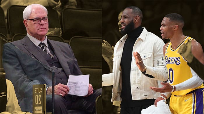 Phil Jackson, el alero de Los Angeles Lakers LeBron James y el escolta Russell Westbrook