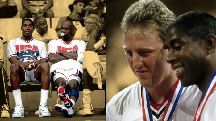 Magic Johnson with Michael Jordan and Larry Bird