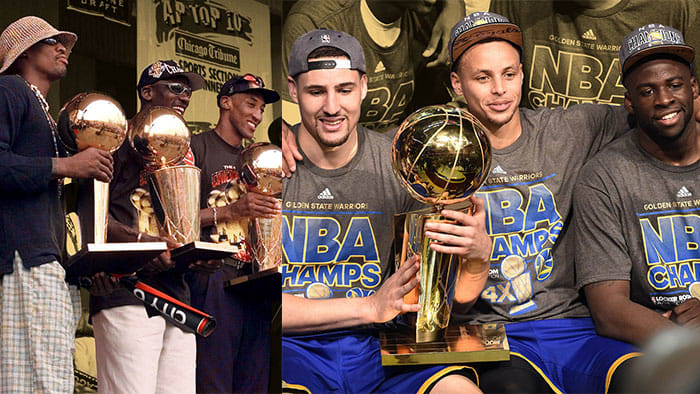 Chicago Bulls' Dennis Rodman, Michael Jordan and Scottie Pippen. Golden State Warriors' Klay Thompson, Steph Curry and Draymond Green.
