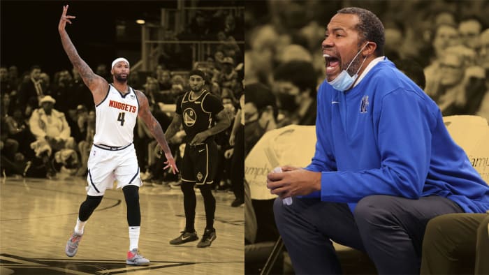 Denver Nuggets center DeMarcus Cousins (4) reacts after making a three point basket/Memphis Tigers Assistant Coach Rasheed Wallace yells out to his team