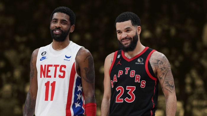 December 16, 2022;  Kyrie Irving smiles with Fred VanVleet during the Brooklyn Nets' road game against the Toronto Raptors at Scotiabank Arena