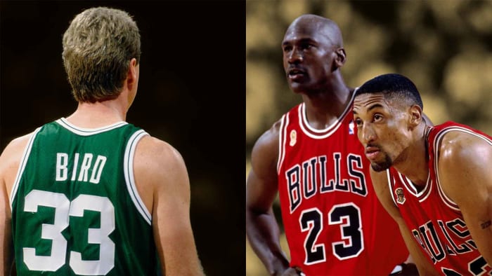 17 janvier 1990 ;  L'attaquant des Boston Celtics Larry Bird contre l'Orlando Magic à l'Orlando Arena (à gauche);  Duo emblématique des Chicago Bulls composé de Michael Jordan et Scottie Pippen (à droite)