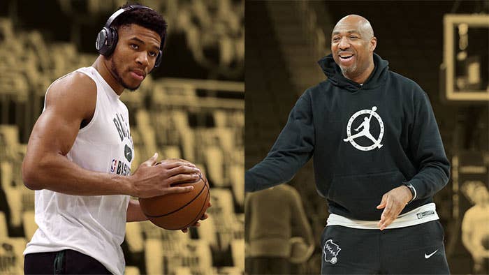 El alero de los Milwaukee Bucks, Giannis Antetokounmpo, y el entrenador asistente Vin Baker.