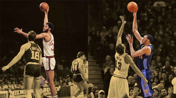 Milwaukee Bucks center Kareem Abdul-Jabbar and Denver Nuggets center JaVale McGee