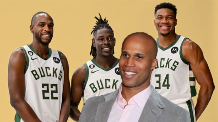 Khris Middleton, Jrue Holiday, Giannis Antetokounmpo, and Richard Jefferson