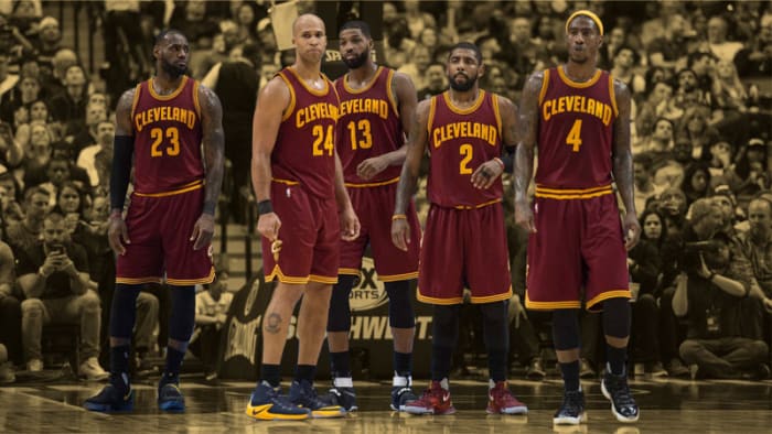 Cleveland Cavaliers forward LeBron James, forward Richard Jefferson, center Tristan Thompson, guard Kyrie Irving, and guard Iman Shumpert
