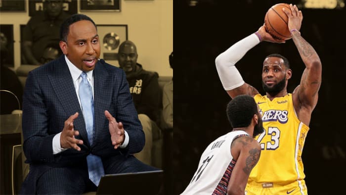 ESPN's Stephen A. Smith, Los Angeles Lakers forward LeBron James and Brooklyn Nets guard Kyrie Irving