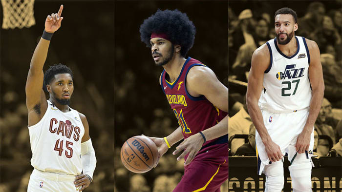 Cleveland Cavaliers guard Donovan Mitchell, center Jarrett Allen and Utah Jazz center Rudy Gobert