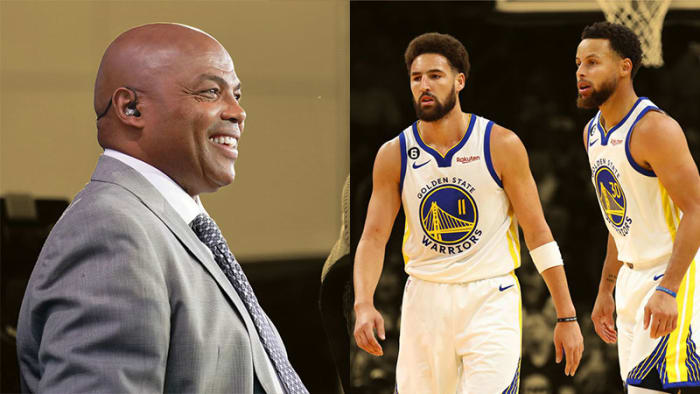 TNT analyst Charles Barkley, Golden State Warriors guards Stephen Curry and Klay Thompson