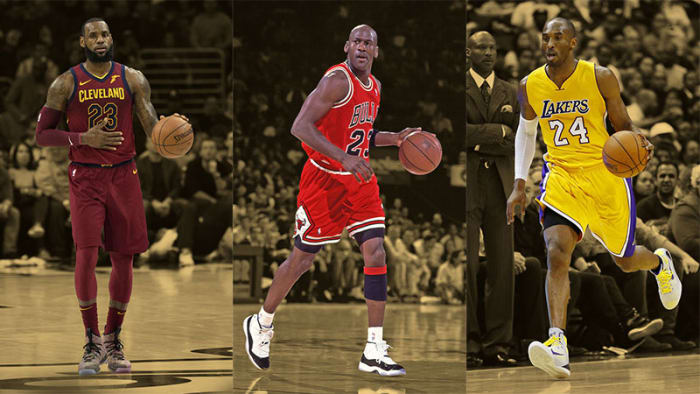 L'attaquant des Cleveland Cavaliers LeBron James, le gardien des Chicago Bulls Michael Jordan et le gardien des Los Angeles Lakers Kobe Bryant