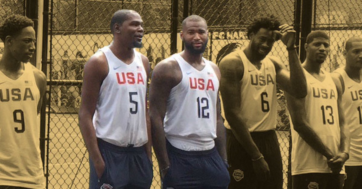 DeMarcus Cousins and Kevin Durant pose during Team USA practice session. 