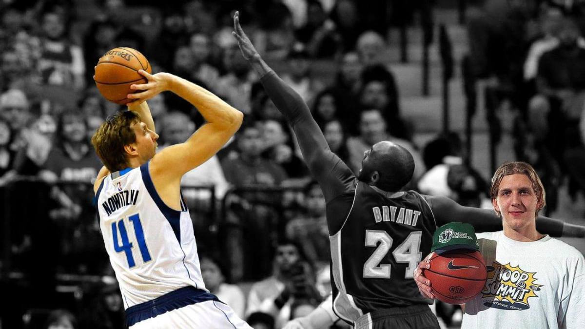 Dirk Nowitzki shoots over Kobe Bryant