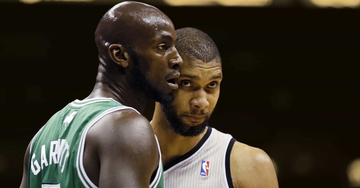 Boston Celtics center Kevin Garnett and San Antonio Spurs forward Tim Duncan