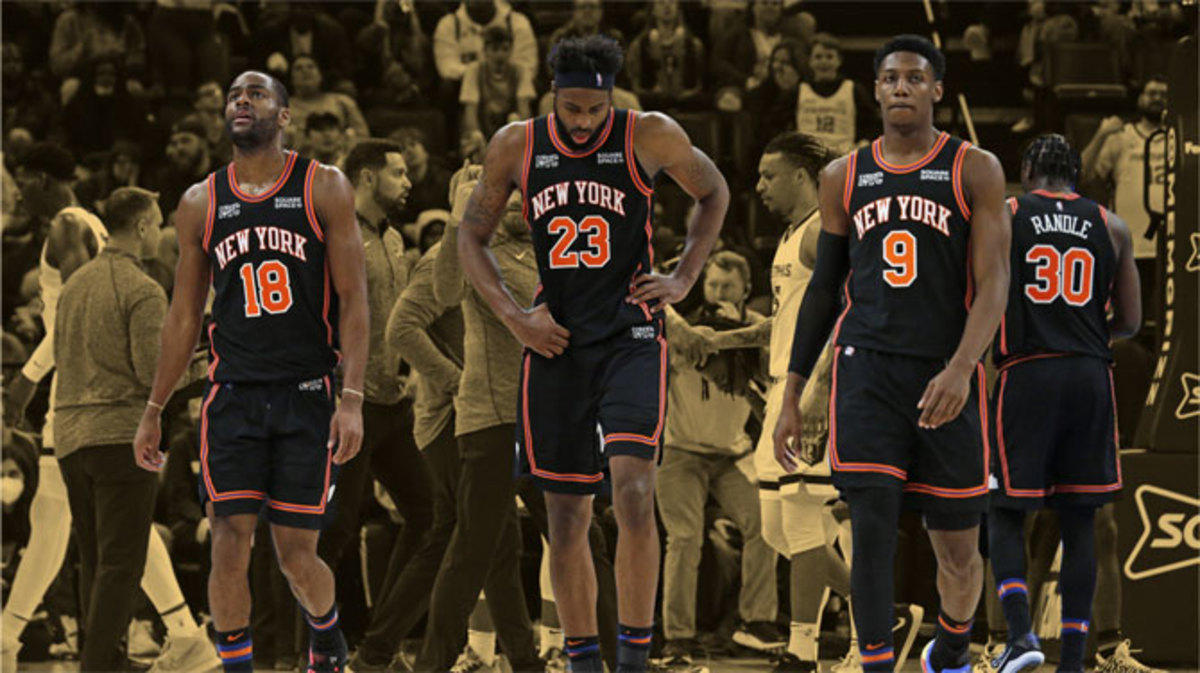 New York Knicks guard Alec Burks, center Mitchell Robinson, and guard-forward RJ Barrett