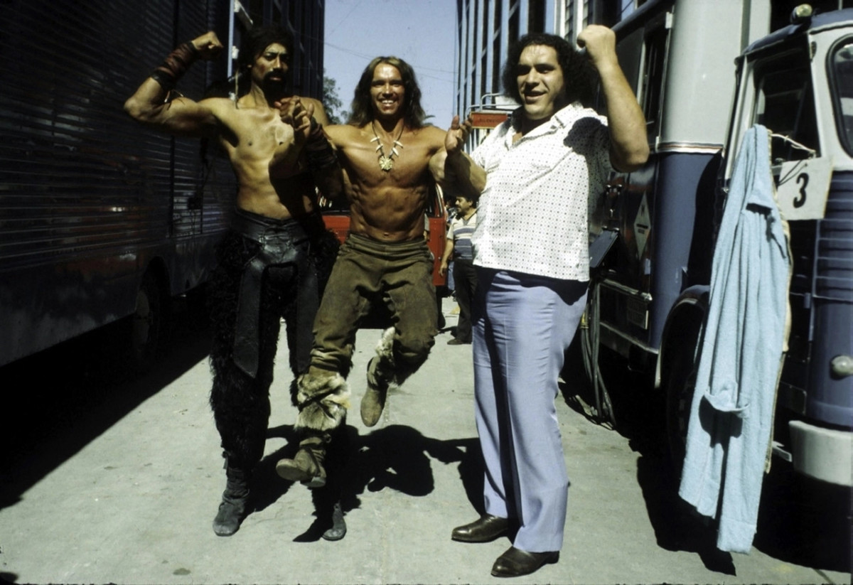 Arnold Schwarzenegger, Wilt Chamberlain, and Andre the Giant on the set of Conan The Destroyer