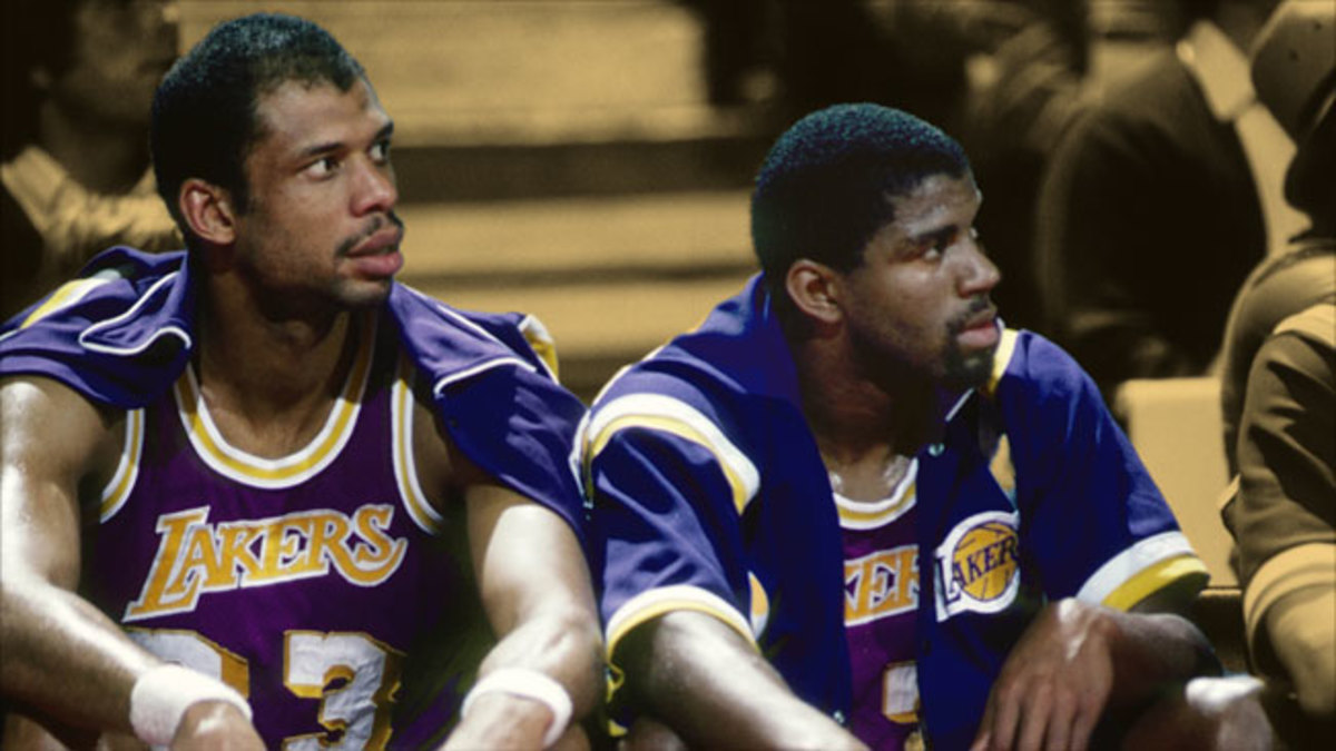 Los Angeles Lakers center Kareem Abdul-Jabbar and Magic Johnson on the bench