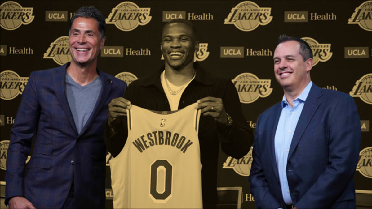 Los Angeles Lakers general manager Rob Pelinka, Russell Westbrook and head coach Frank Vogel
