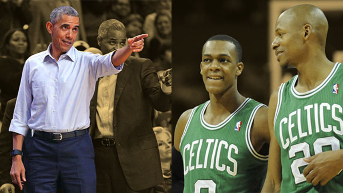 United States president Barack Obama, Boston Celtics guard Rajon Rondo and guard Ray Allen