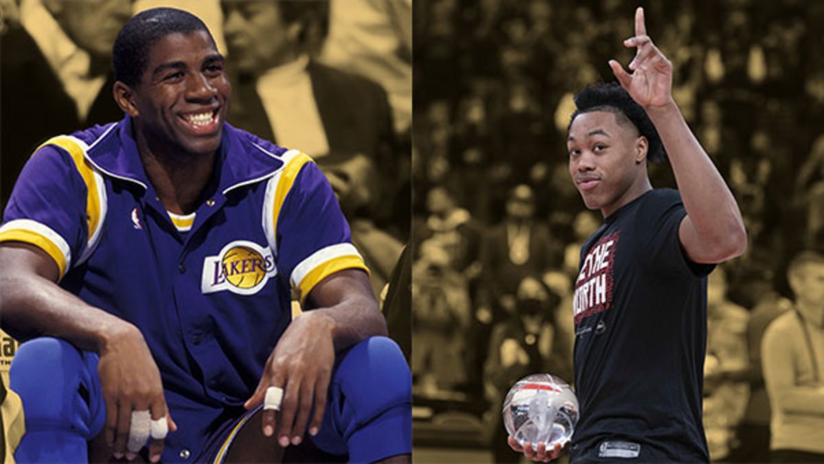 Los Angeles Lakers guard Magic Johnson and Toronto Raptors forward Scottie Barnes after winning the 2021-2022 Rookie of the Year award