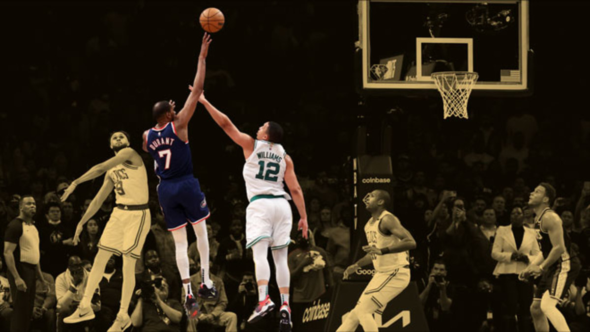 Brooklyn Nets forward Kevin Durant shoots over Boston Celtics  forward Grant Williams