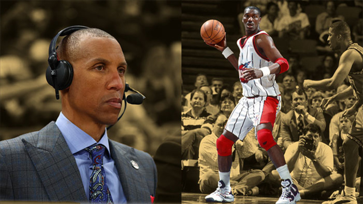 NBA on TNT television analyst Reggie Miller and Houston Rockets center Hakeem Olajuwon