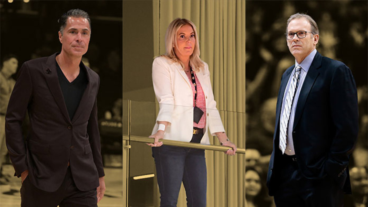 Los Angeles Lakers general manager Rob Pelinka, owner Jeanie Buss and advisor Kurt Rambis
