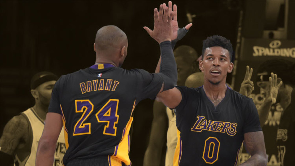 Los Angeles Lakers guards Kobe Bryant and Nick Young