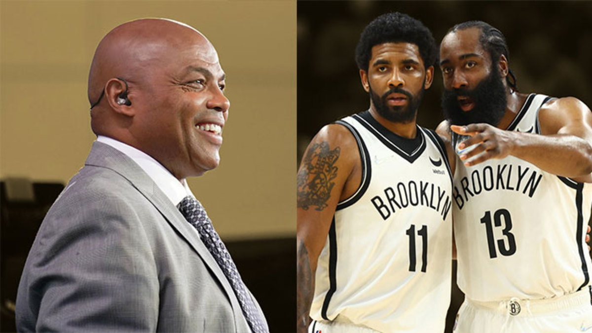 TNT analyst Charles Barkley, Brooklyn Nets guard Kyrie Irving and guard James Harden