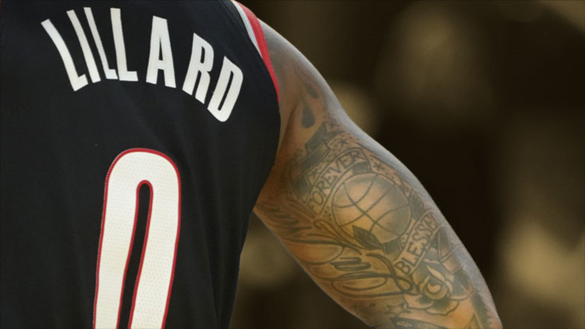 Detail view of the tattoos on Portland Trail Blazers guard Damian Lillard