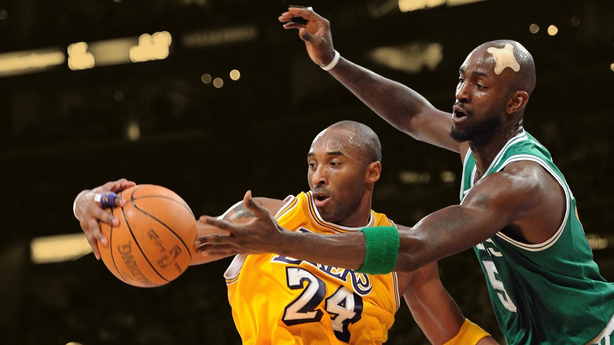 January 30, 2011; Los Angeles Lakers' superstar Kobe Bryant guarded by Boston Celtics' forward Kevin Garnett during their matchup at Staples Center