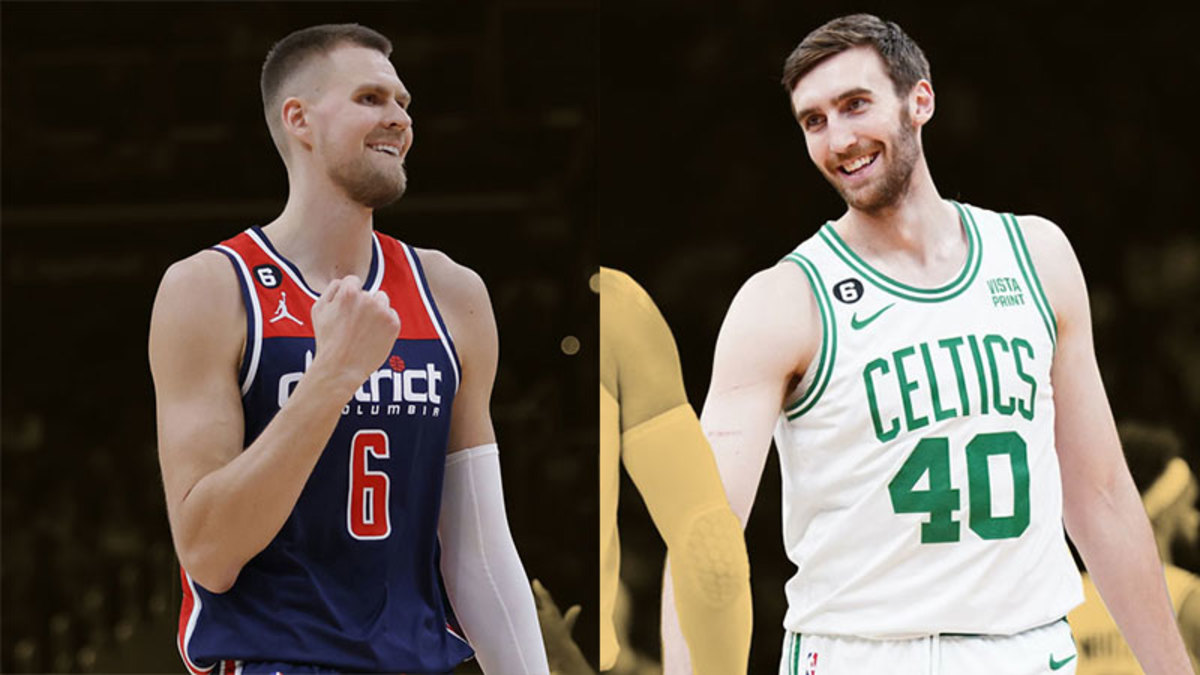 Washington Wizards center Kristaps Porzingis and Boston Celtics center Luke Kornet