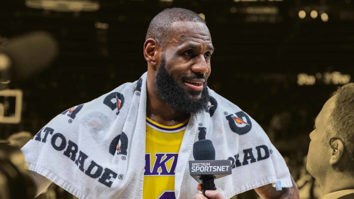 December 30, 2022; Los Angeles Lakers superstar LeBron James during a postgame interview following a victory against the Atlanta Hawks at State Farm Arena