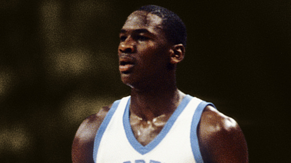 Michael Jordan half North Carolina Tar Heels and half Chicago