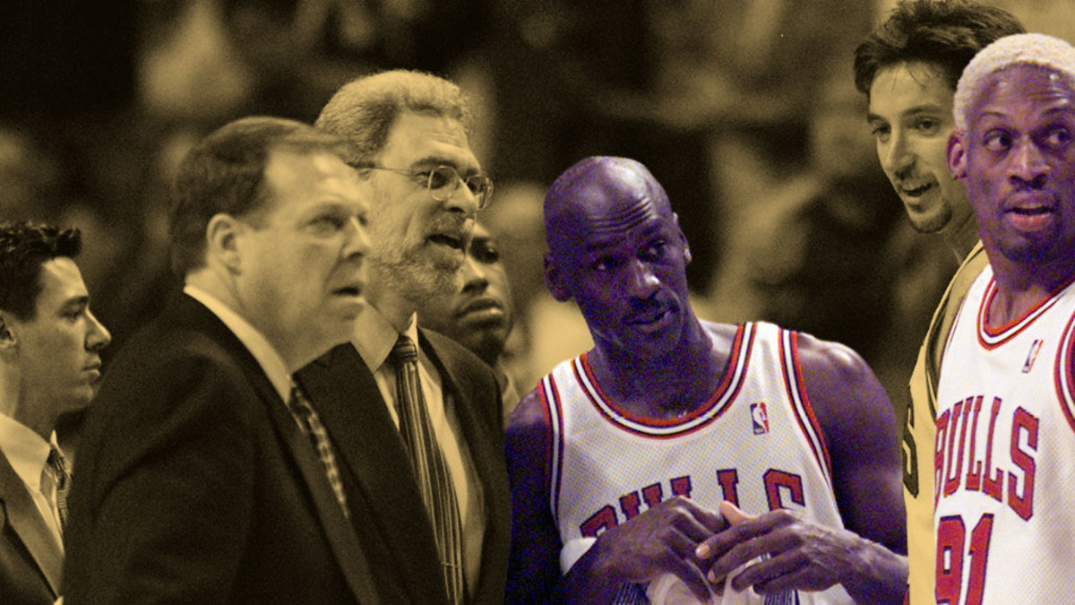 April 24, 1998; Michael Jordan and Dennis Rodman during a Chicago Bulls timeout at United Center