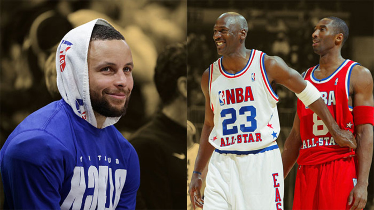 Golden State Warriors guard Stephen Curry, Chicago Bulls guard Michael Jordan and Los Angeles Lakers guard Kobe Bryant