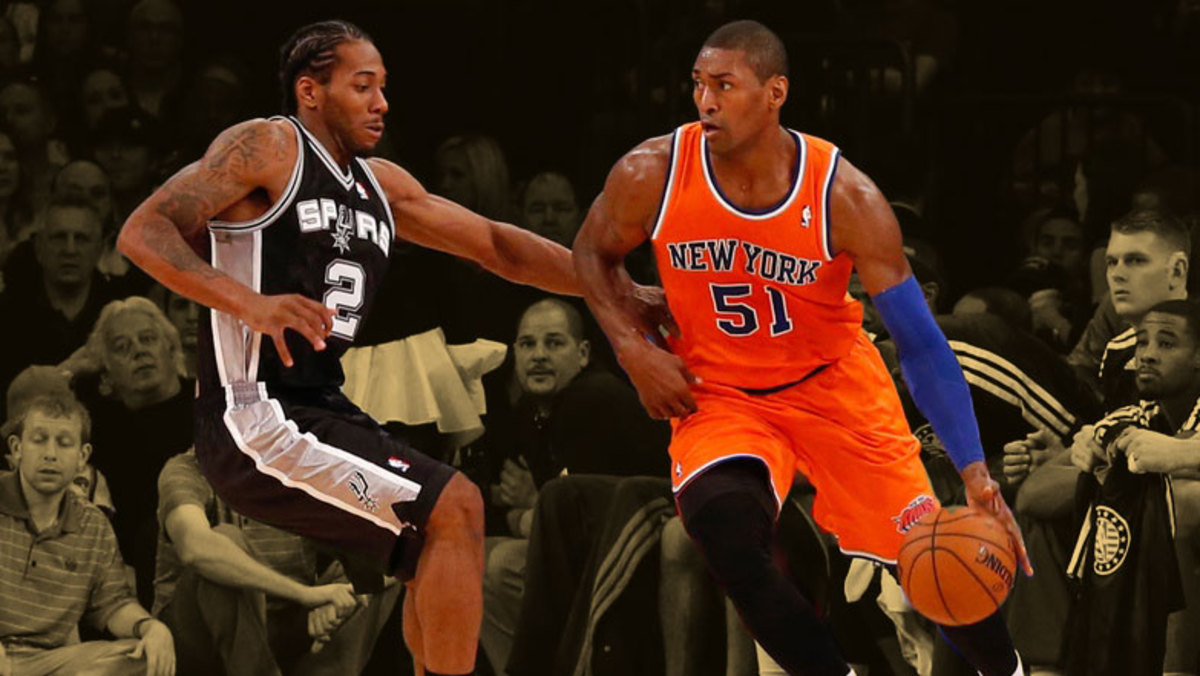 New York Knicks forward Metta World Peace and San Antonio Spurs forward Kawhi Leonard