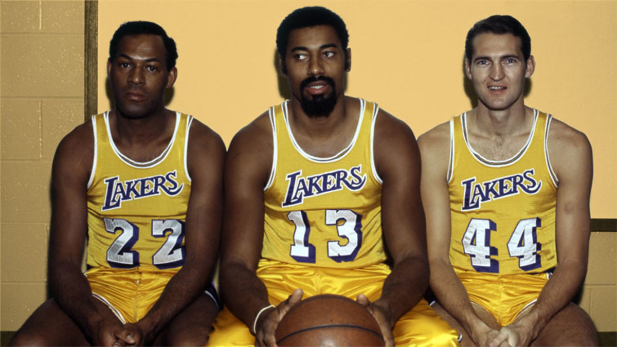 Los Angeles Lakers guard Elgin Baylor, center Wilt Chamberlain and guard Jerry West