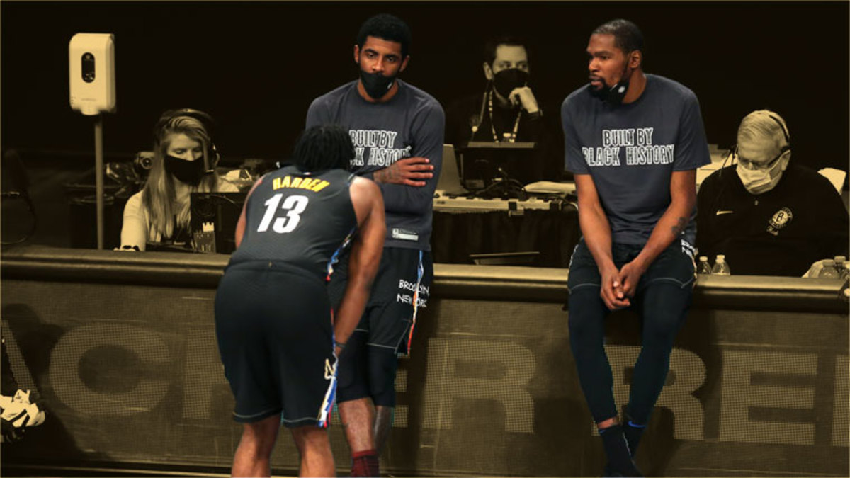 Brooklyn Nets guard Kyrie Irving, forward Kevin Durant and guard James Harden