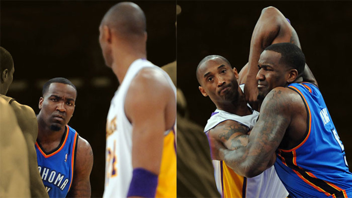 Los Angeles Lakers shooting guard Kobe Bryant and Oklahoma City Thunder center Kendrick Perkins