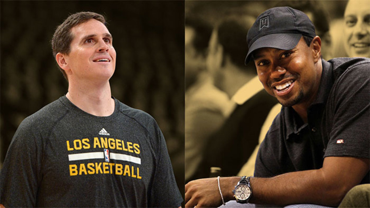 Los Angeles Lakers assistant coach of player development Mark Madsen and Tiger Woods
