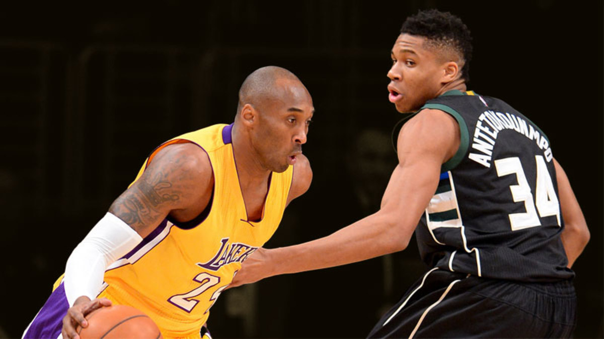Milwaukee Bucks forward Giannis Antetokounmpo defends Los Angeles Lakers forward Kobe Bryant