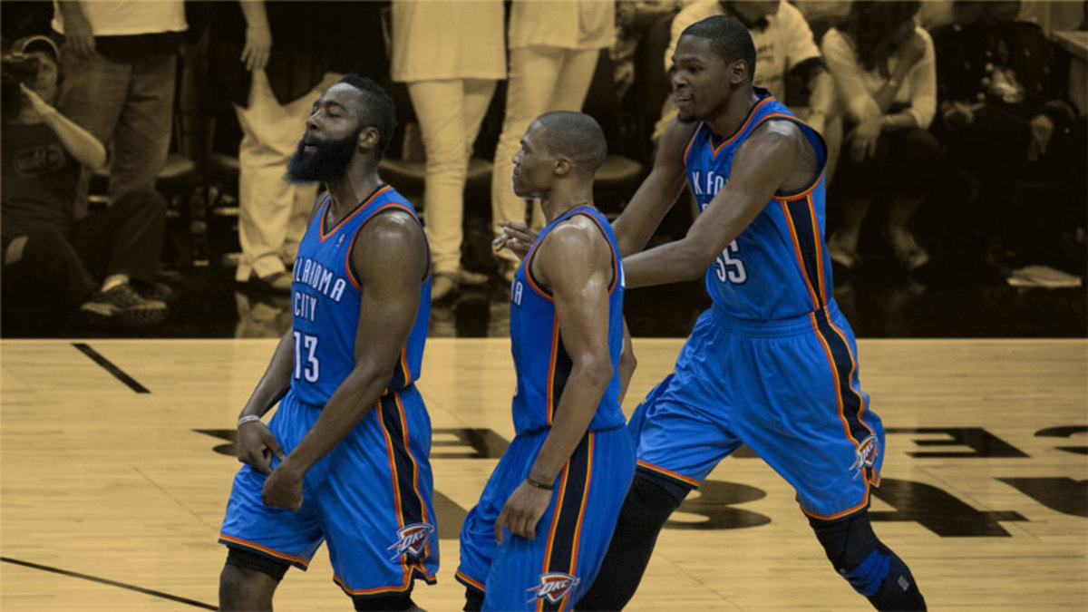 Oklahoma City Thunder guards James Harden, Russell Westbrook and forward Kevin Durant
