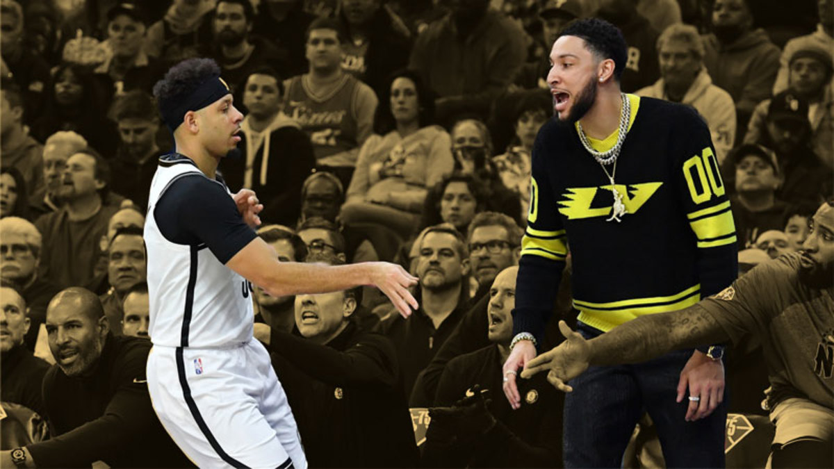 Brooklyn Nets guard Seth Curry celebrates a basket with guard Ben Simmons