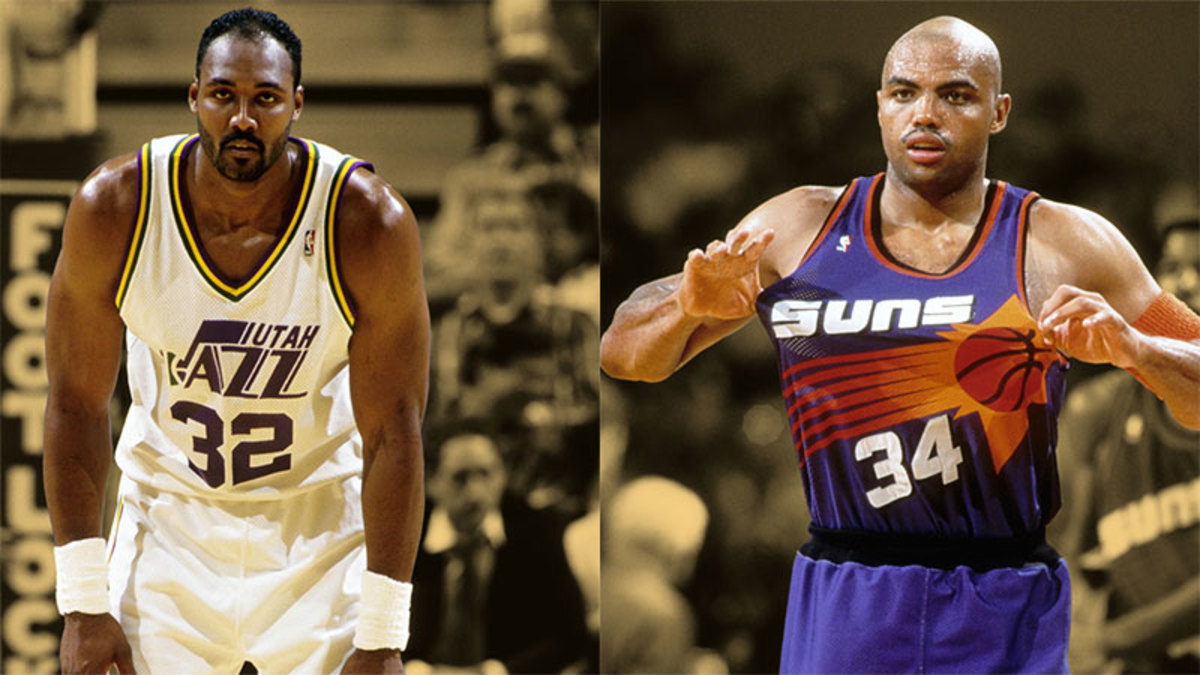Utah Jazz forward Karl Malone and Phoenix Suns forward Charles Barkley