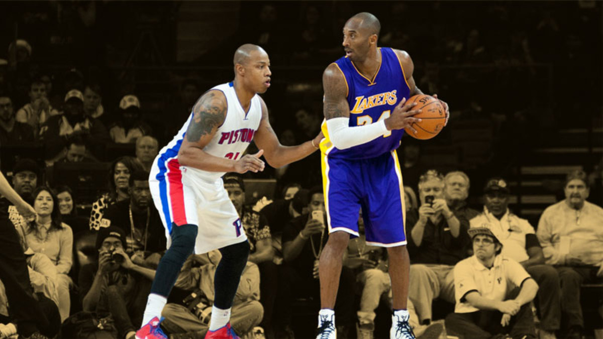 Detroit Pistons forward Caron Butler guards Los Angeles Lakers guard Kobe Bryant