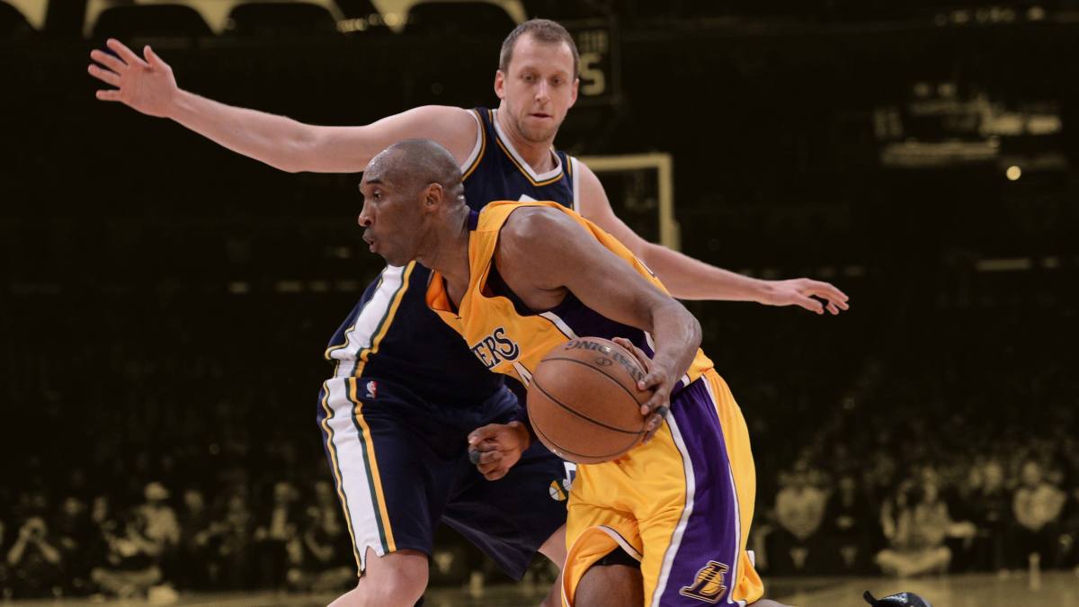 Utah Jazz small forward Joe Ingles and Los Angeles Lakers' legend Kobe Bryant